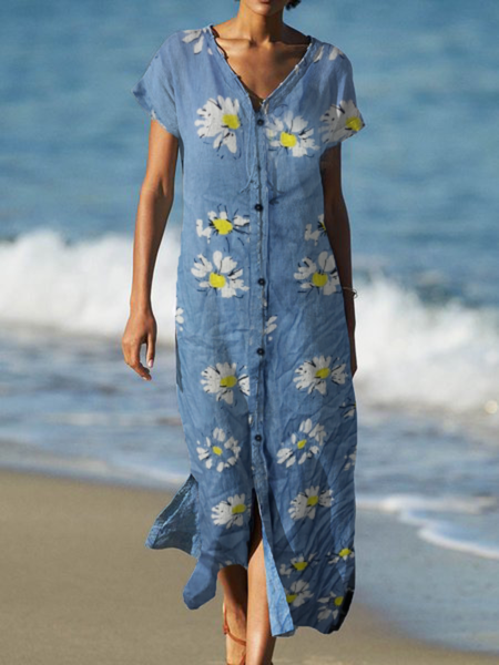 Abito Stampato Floreale Casuale con Scollo a V, Blu, Summer dresses
