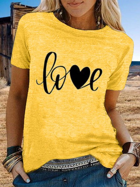 

Vintage Short Sleeve Love Letter Printed Crew Neck Casual Top, Yellow, T-shirts