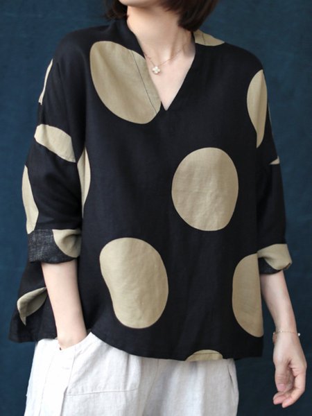 Top con Scollo a V Stampato Floreale di Cotone, Nero, Tops