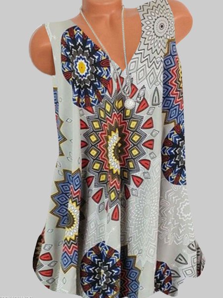 Top con Scollo a V Casuale Stampato Floreale, Grigio, Tank Top