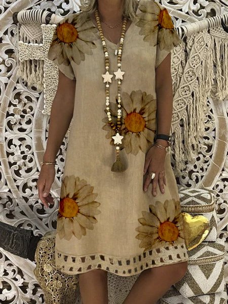 Khaki Cotton Printed V Neck Casual Dress, Midi Dresses