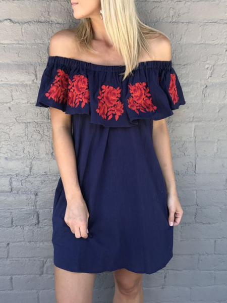 

Abito Stampato Floreale Casuale a Spalla Nuda di Misto Cotone, Blu marino, Summer dresses