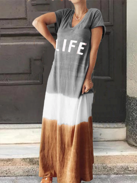 

Maxi Abito Lettera Stampato Colo-block con Scollo a V, Grigio, Dresses