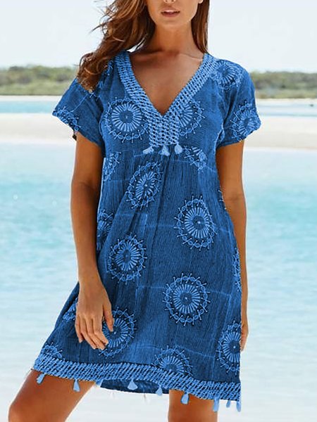 

Donna Casuale Maniche Corte Scollo a V Stampato Abito, Blu, Summer dresses