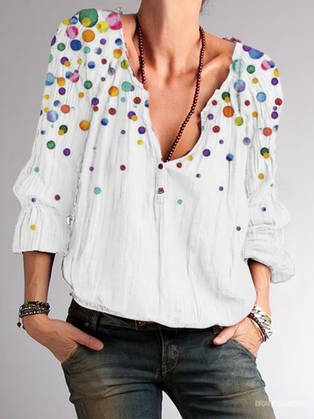 

Top a Pois Casuale di Misto Cotone, Bianco, Blouses & Shirts