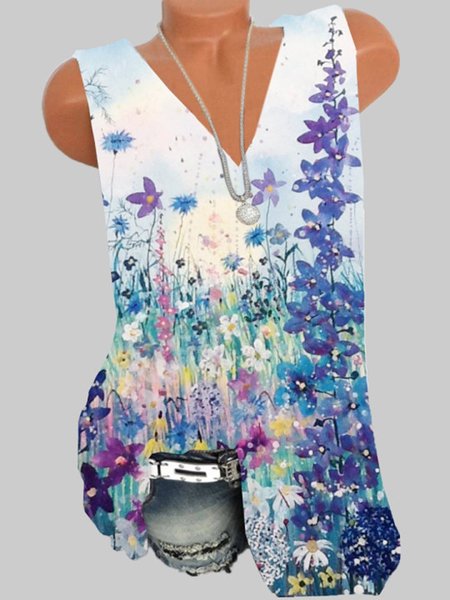 

Blue Floral-Print V Neck Sleeveless Shirts & Tops, Tops