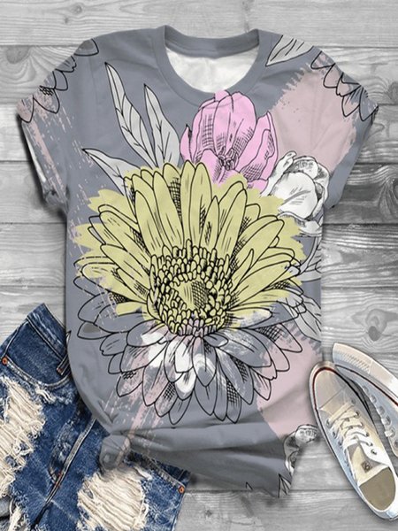 

T-Shirt a Girocollo Casuale Vintage Stampata Floreale, Grigio, T-Shirts