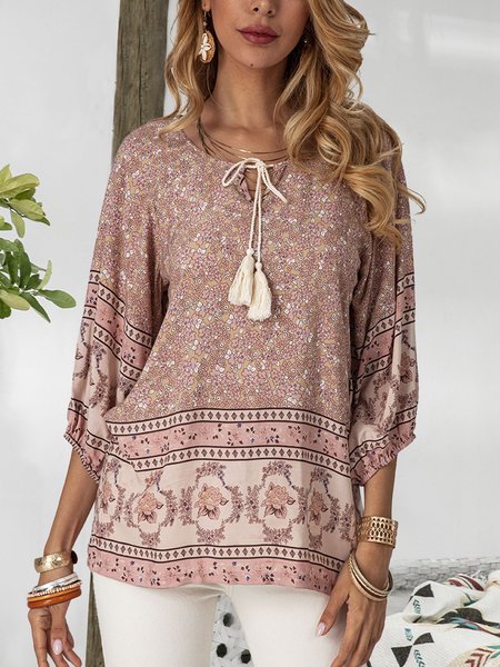 

Pink Floral-Print Tribal Boho Top, Blouses and Shirts