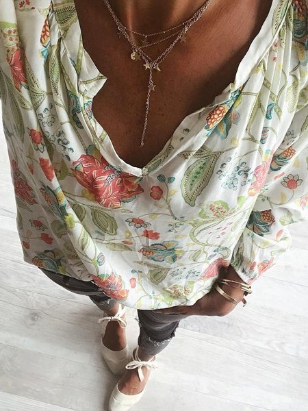 Top Stampato Floreale con Scollo a V, Bianco, Blouses & Shirts