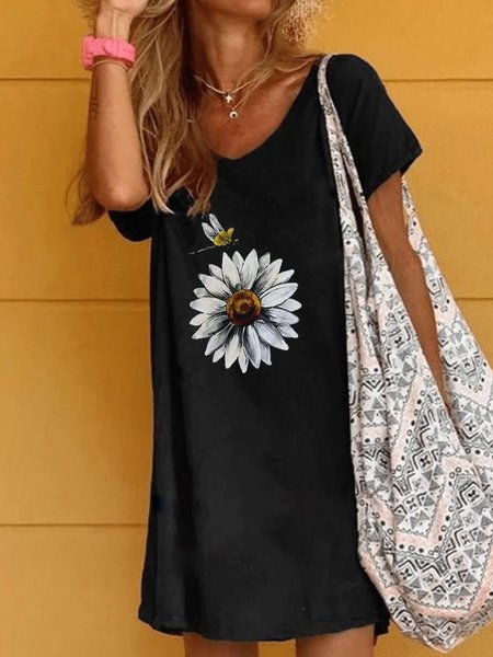 

Black Printed Cotton Casual Dress, Mini Dresses