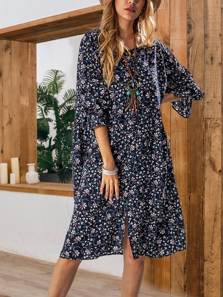 

Blue Frill Sleeve Floral Crew Neck Dress, Print Dress
