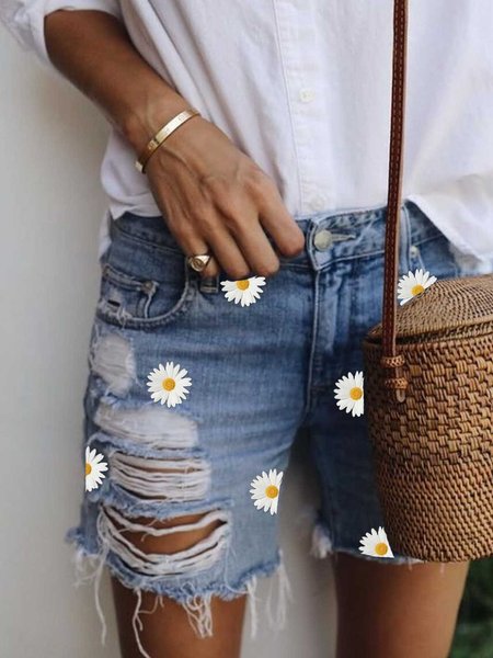 

Light Blue Denim Patchwork Printed Casual Denim shorts, Shorts