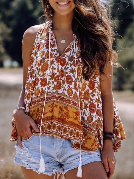 

Vintage Sleeveless Boho Geometric Floral Printed Plus Size V Neck Casual Tops, Yellow, Tank Top