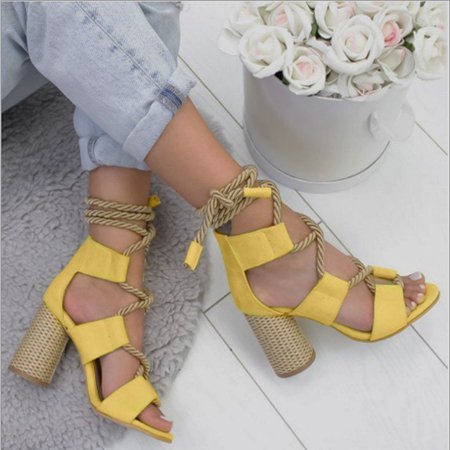 Casual Suede High Heel Lace Up Sandals, Yellow, Sandals