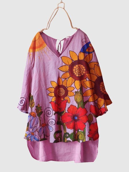 

Flower Floral Cotton-Blend Short Sleeve Tops, Tops