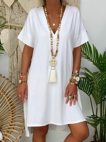 

Solid Color V-neck Loose Dress, White, Midi Dresses