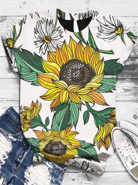 

White Short Sleeve Floral Casual Crew Neck Shirts & Tops, Tops