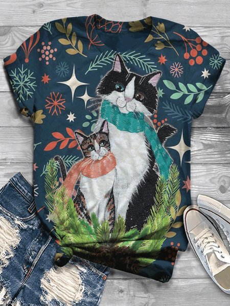 

taglia grande Casuale Maniche Corte Animale Top, Blu, T-Shirts