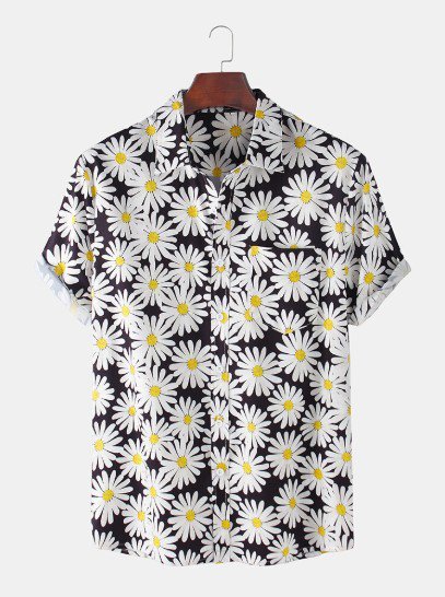 

Daisy Print Casual Pockets Shirt Collar Shirts, Men's Floral shirt