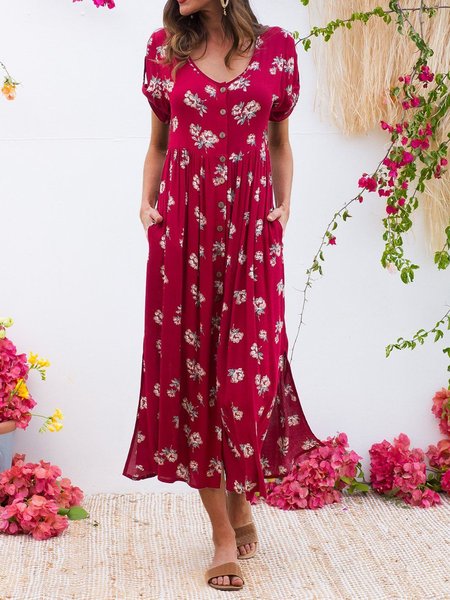 

Abito Floreale Stampato, Cremisi, Maxi Dresses