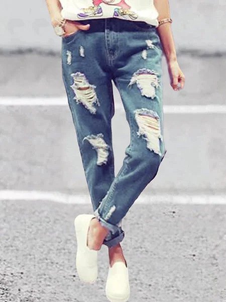 

Vintage Ripped Plus Size Plain Women Casual Denim Pants, Blue, Jeans