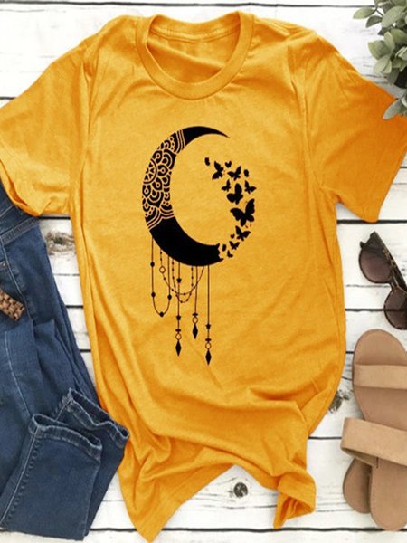 

Vintage Short Sleeve Statement Moon Printed Crew Neck Plus Size Casual Tops, Yellow, T-shirts