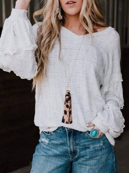 

White Solid Casual Crew Neck Cotton-Blend Tops, Tees & T-shirts