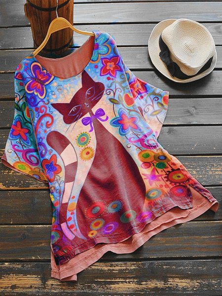

Top Casuale Floreale di Misto Cotone, Rosso, Blouses & Shirts