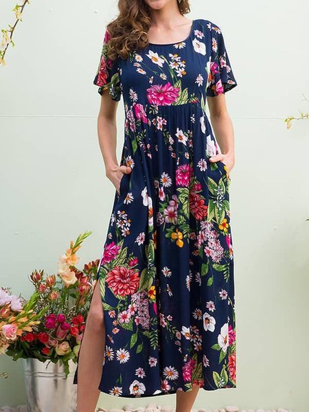 

Floral Pockets Maxi Dress Summer Plus Size Weaving Dress, Blue, Floral Dresses