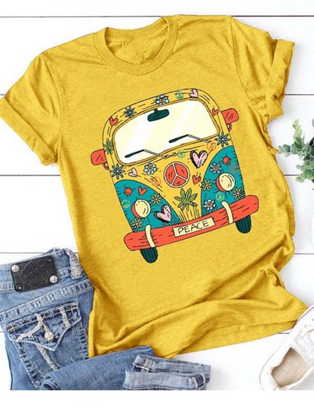 

Casual Round Neck Short Sleeve Cotton-Blend T-shirt, Yellow, T-shirts