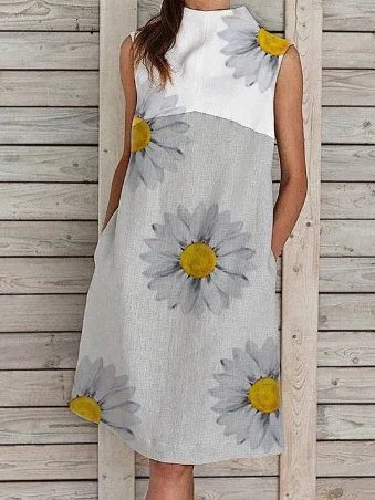 

senza maniche Misto Cotone Stampato Abito, Grigio, Midi Dresses