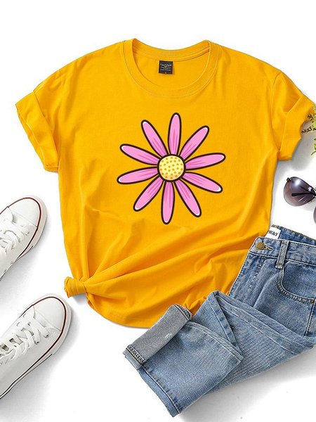 

T-Shirt a Girocollo Floreale, Giallo, Tops