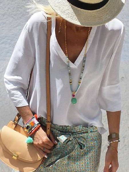 Top con Scollo a V Casuale, Bianco, Blouses & Shirts