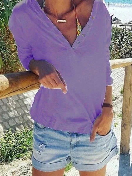

Casual Long Sleeve V Neck Plus Size Tops, Purple, Tops