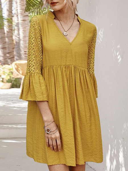 

V Neck Daily Lace Mini Dress, Yellow, Mini Dresses