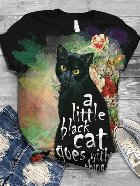 

Cotton-Blend Crew Neck Short Sleeve Animal T-shirt, Black, Tees & T-shirts