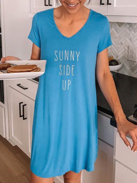 

Blue Printed Short Sleeve V Neck Simple Dresses, Dresses