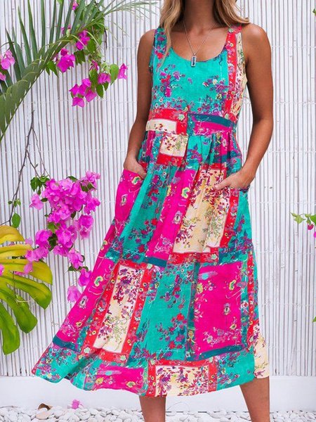 

Abito Floreale con Tasche, Acqua, Maxi Dresses