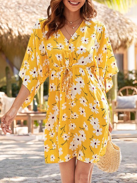 

V Neck Shift Beach Holiday Mini Dress, Yellow, Mini Dresses