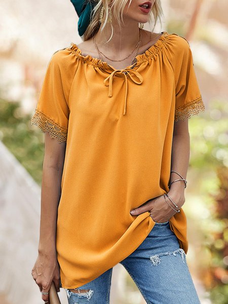 

Holiday Paneled Short Sleeve Shift Lace Top, Yellow, Blouses and Shirts