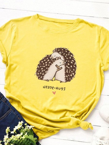 

Cotton-Blend Printed Short Sleeve Round Neck T-shirt, Yellow, T-shirts