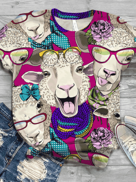 T-Shirt Stampato a Girocollo Casuale, Viola, T-Shirts