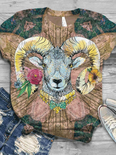 

T-Shirt a Girocollo Stampato Casuale di Misto Cotone, Multicolore, T-Shirts