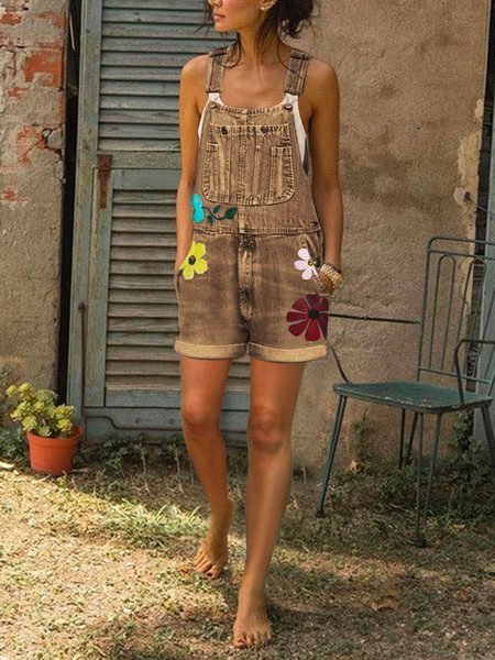 

zolucky Sleeveless Denim Jeans Floral-Print Shorts One-Pieces overalls, Khaki, Denim Shorts