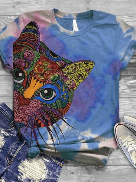 

Top Casuale Animale a Girocollo di Misto Cotone, Blu, T-Shirts