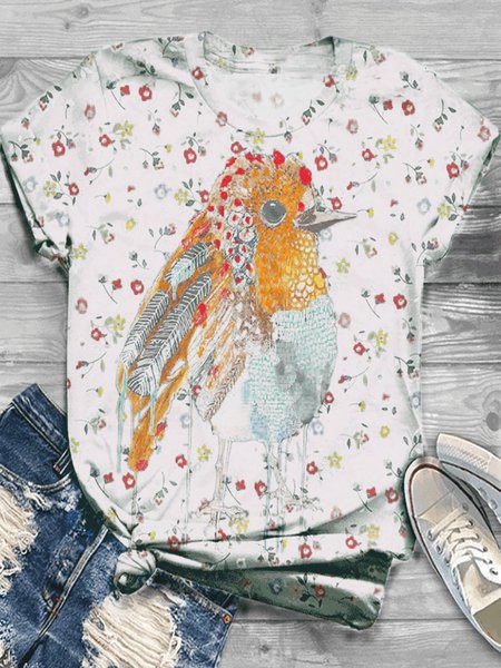 

Top a Girocollo Vintage Floreale Misto Cotone, Bianco, T-Shirts