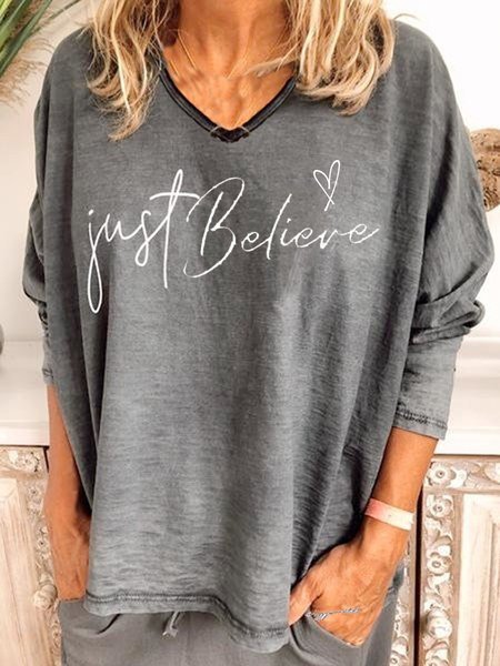 Casual V neck loose print long sleeve top