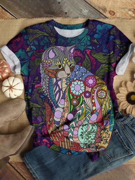 Casual Short Sleeve Round Neck Plus Size Tops, Purple, Tops