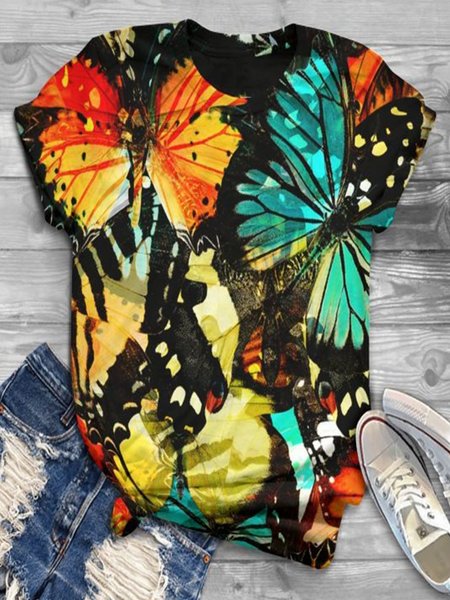 

Vintage Short Sleeve Statement Butterfly Printed Crew Neck Plus Size Casual Tops, Black, Tops
