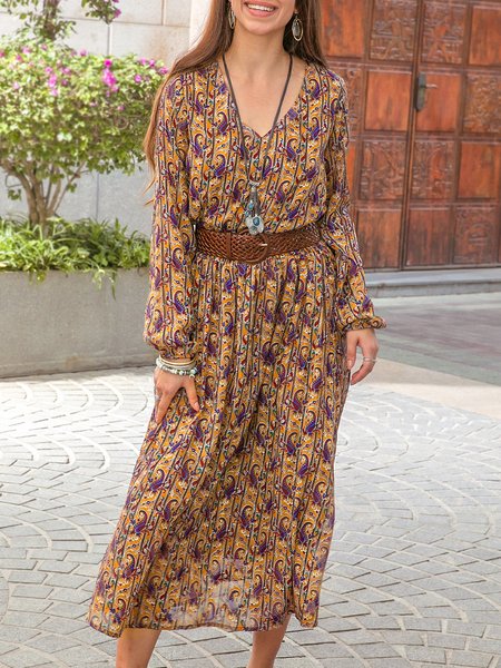 

V Neck Camel Holiday Paisley Midi Dress, Midi Dresses